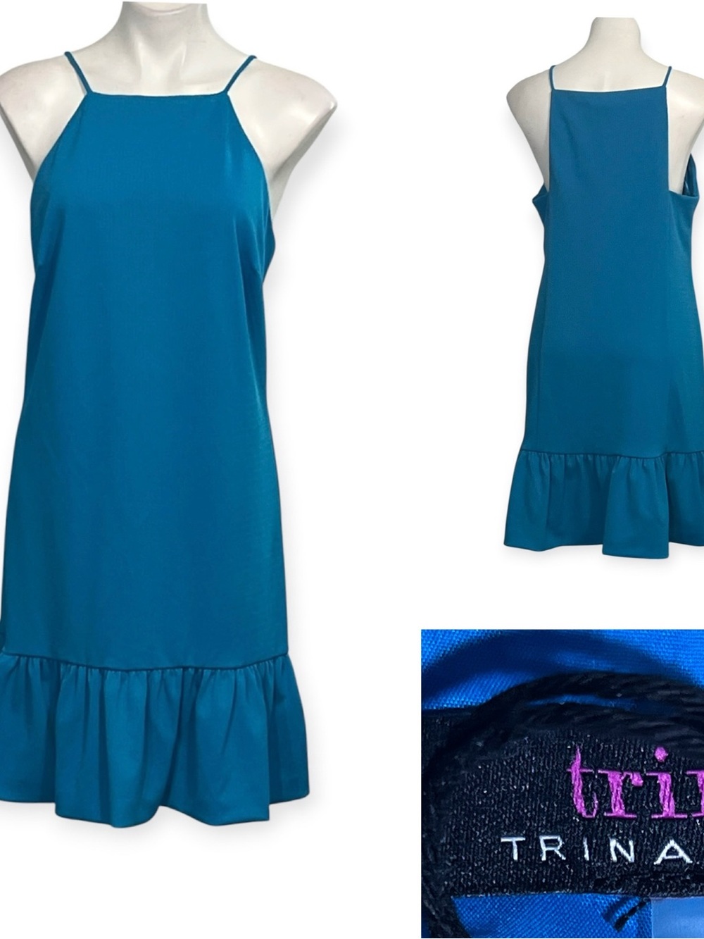 Trina Turk dress sz 10 blue High Neck Ruffle Hem Mini cocktail date night
